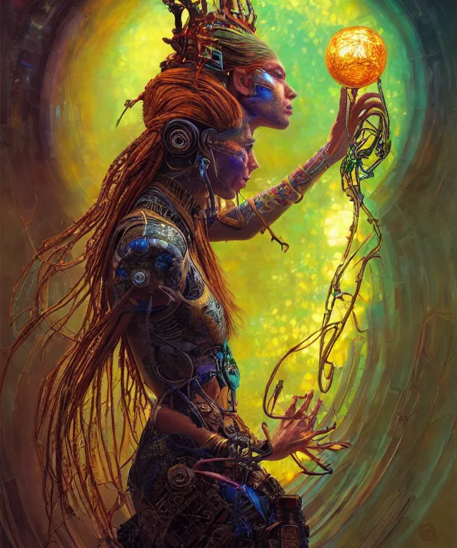Image similar to a beautiful tarot card artwork of a cyberpunk nature shaman, backlit, highly detailed, digital painting, by karol bak and eddie mendoza and dan mumford and artgerm, vivid colors, masterpiece, detailed shading, 8 k resolution, intricate, smooth