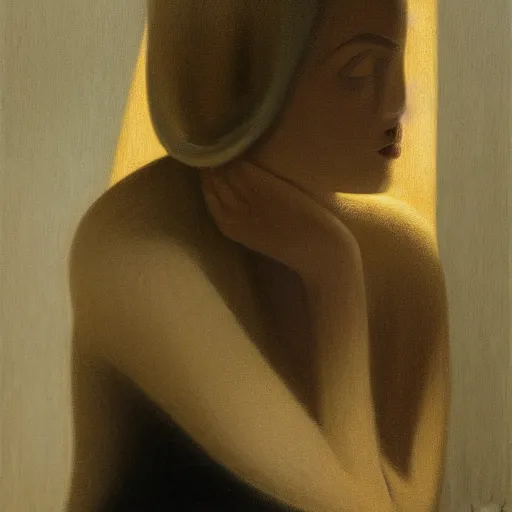 Image similar to dismal, realist contre jour by kay sage. a land art of a beautiful young woman seated at a window, looking out at the viewer with a serene expression on her face. the light from the window illuminates her features & creates a warm, inviting atmosphere. the essence of beauty & tranquility.