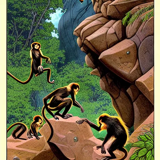 Prompt: Fantasy illustration by Clyde Caldwell - The monkeys chirrup loudly, a cacophonous din reverberating throughout the cavern. They leap into the air and land on the rocks, chittering and screeching to one another. One of them grabs a rock and hurls it into the pool. It splashes loudly, but the monkeys do not recoil. You see tattered strings of rope and cloth tied around their necks, to which they have affixed baskets that they carry beside them.