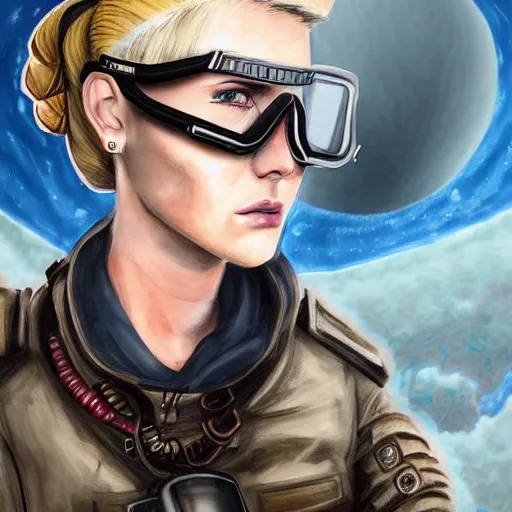 Image similar to highly detailed character concept art of stoic heroic emotionless square-jawed butch blonde tattooed woman engineer looking to side, wearing steampunk goggles and dirty ripped flight suit, on primitive planet, portrait, illustration, pulp sci fi, science fiction