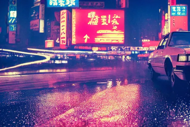 Prompt: a 1 9 8 5 fairmont speeding down tokyo highway in the rain, night time, neon lights, thunderstorm, movie still from the movie bladerunner 2 0 4 9