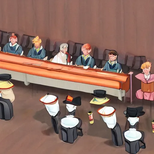 Prompt: sentient hot dog in courtroom trial, anime style, 4k, detailed, jury of condiments, suits and hats, volumetric lighting