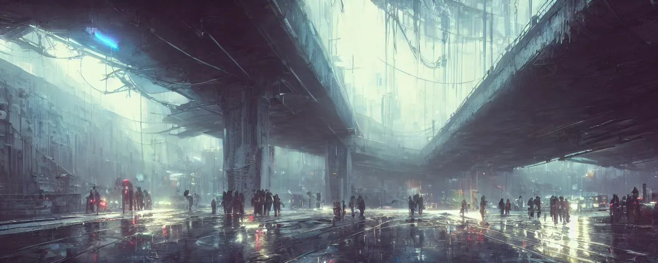 Image similar to under a highway bridge of a cyberpunk city, rain, night, flying shuttles, advertising pannels, rays of light, james gurney, greg rutkowski, unreal engine 5, artstation