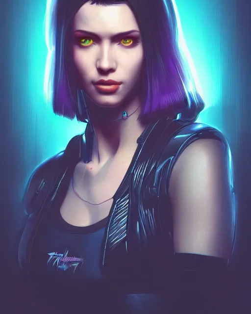 Image similar to portrait of a woman, cyberpunk, face, realistic, cute, fine details, Blade Runner, Cyberpunk 2077, vaporwave, shaded lighting, by artgerm and Villeneuve, artstation, deviantart