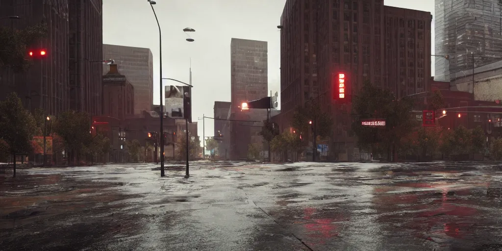 Prompt: proletarian internationalist downtown denver with heavy rain, cinematic, ultra - realistic, ultra - detailed, octane render, unreal engine 5, depth of field