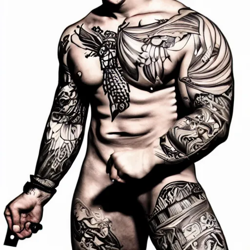 Image similar to muscular bald man, tattooed body, sword in hands, HD, anime style,