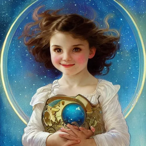 Image similar to a cute little girl with a round cherubic face, blue eyes, and short curly light brown hair smiles as she floats in space with stars all around her. She is wearing a turquoise dress. Beautiful painting by Artgerm and Greg Rutkowski and Alphonse Mucha