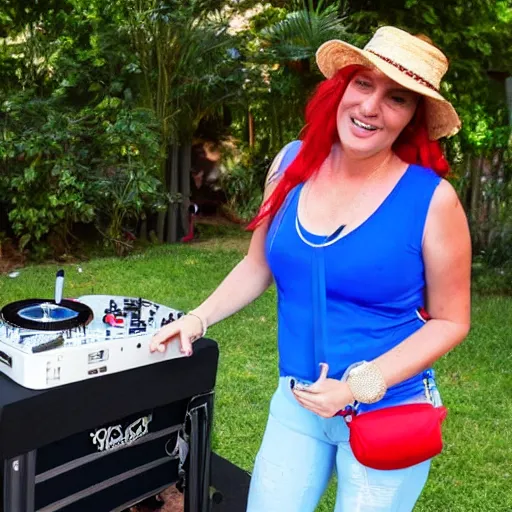 Image similar to DJ at a party, DJ is a red headed woman and is wearing a straw hat and a fanny pack