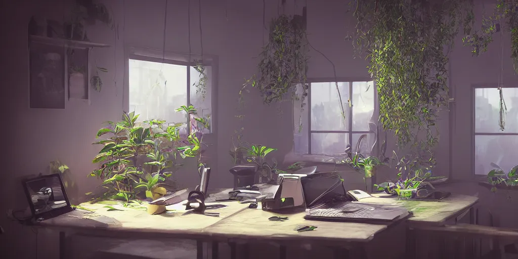 Image similar to kamwei fong cat desk office mirrors plants gloomy strange weird mist curious fish luminous bloom windows insect atmosphere sense awe 4 k 8 k render 3 d unreal engine 5 octane by nikolina petolas