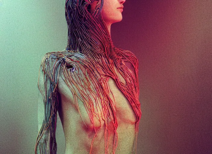 Prompt: rgb, woman, inspired by zdzislaw beksinski, new zealand landscape, clothes made out of veins,, cables everywhere, bedroom, ultra realistic, concept art, intricate details, highly detailed, photorealistic, octane render, 8 k