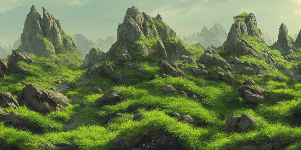 Image similar to a landscape of extremely high and pointy rocks with small green vegetation, concept art, matte painting, masterpiece, artstation, cgsociety