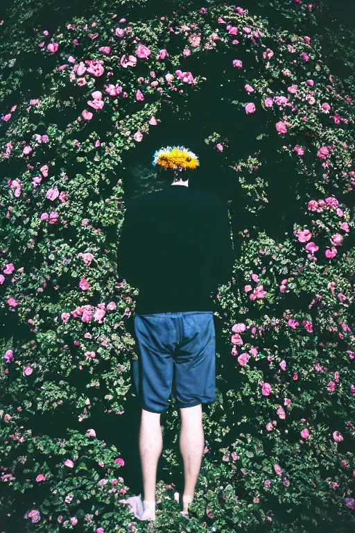 Image similar to kodak portra 4 0 0 photograph of a skinny guy looking into a otherworldly portal, flower crown, back view, vaporwave colors, grain, moody lighting, moody aesthetic,