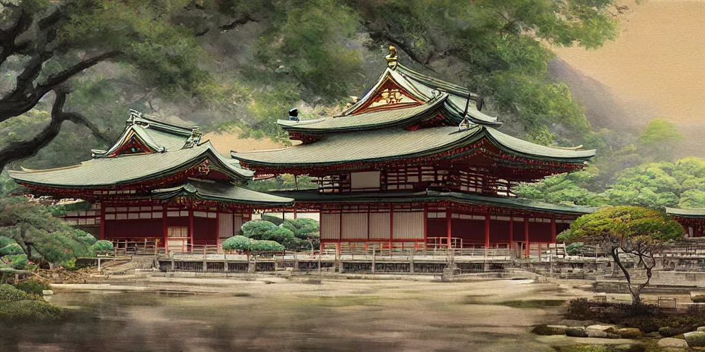 Image similar to a japanese buddhist temple. a fantasy digital painting by richard schmid