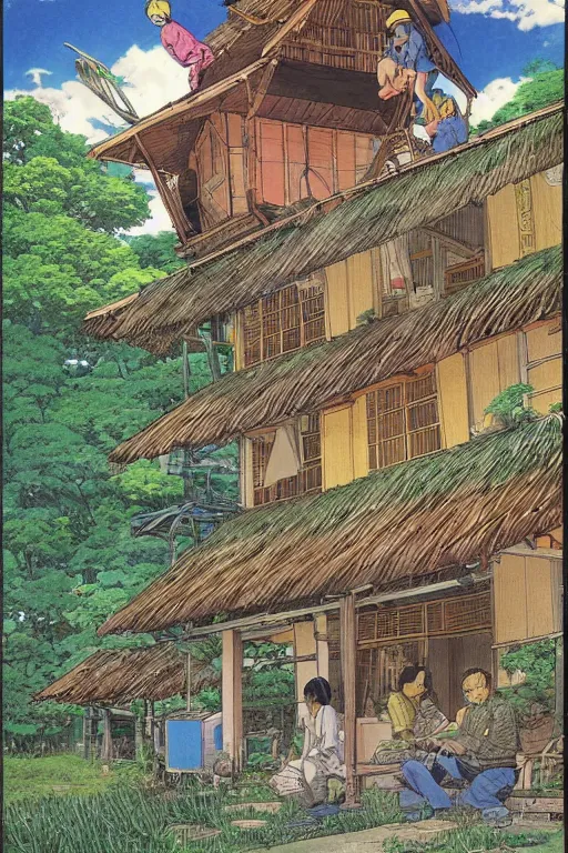 Image similar to beautiful anime illustration of a rural philippines home, by moebius, masamune shirow and katsuhiro otomo