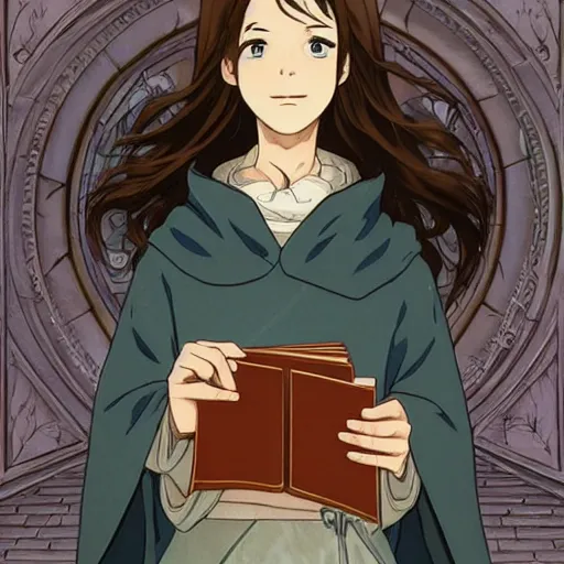 Prompt: portrait of a female wizard with brown hair wearing a blue hood and blue robe holding a book, fantasy, highly detailed, digital illustration, character art, seinen, anime key visual, hayao miyazaki, makoto shinkai, alphonse mucha