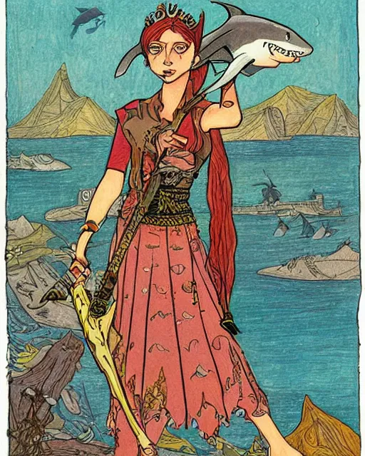 Image similar to a shark pirate queen with iridescent skin color, holding melee weapons by ivan bilibin