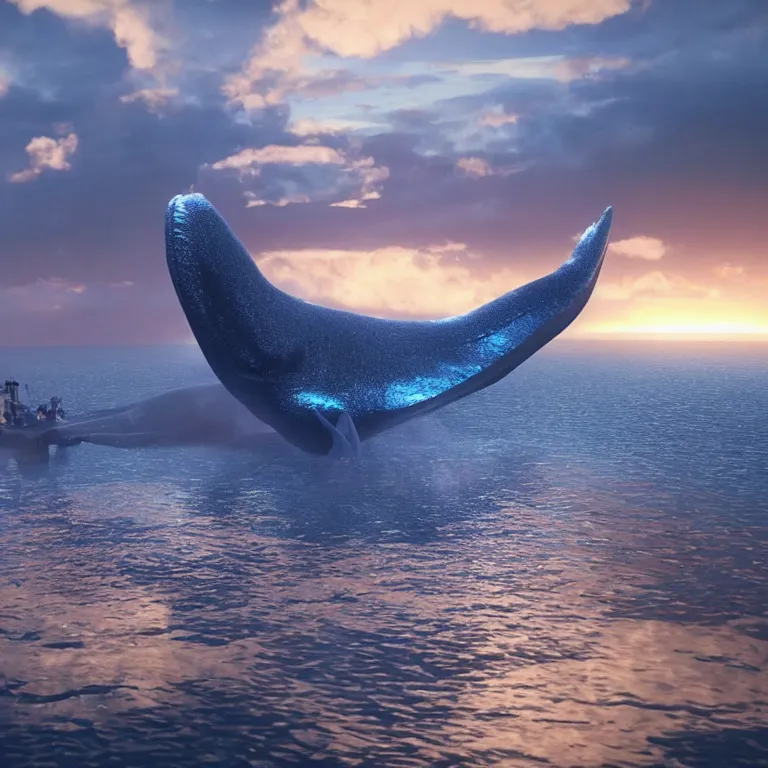 Prompt: vfx shot by weta digital and industrial light and magic ilm, a stunning beautiful glowing blue whale made out of shiny reflective silver metallic chrome flying in the sky through fluffy giant sunset clouds, octane render, cinema 4 d, ray traced lighting, very short depth of field, bokeh