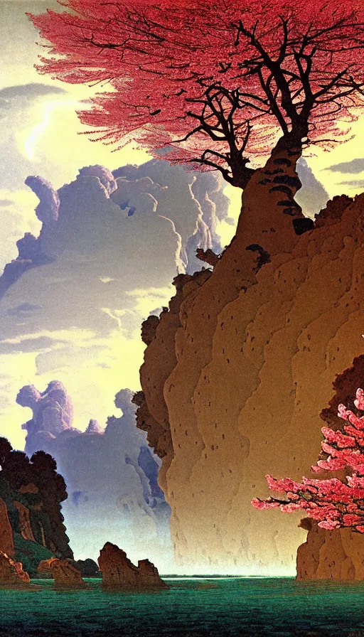 Prompt: ghibli illustrated background of a thunder and lighting storm, a strikingly beautiful landform with strange rock formations acastle is seen in the distance, and red water and cherry blossoms by vasily polenov, eugene von guerard, ivan shishkin, albert edelfelt, john singer sargent, albert bierstadt 4 k