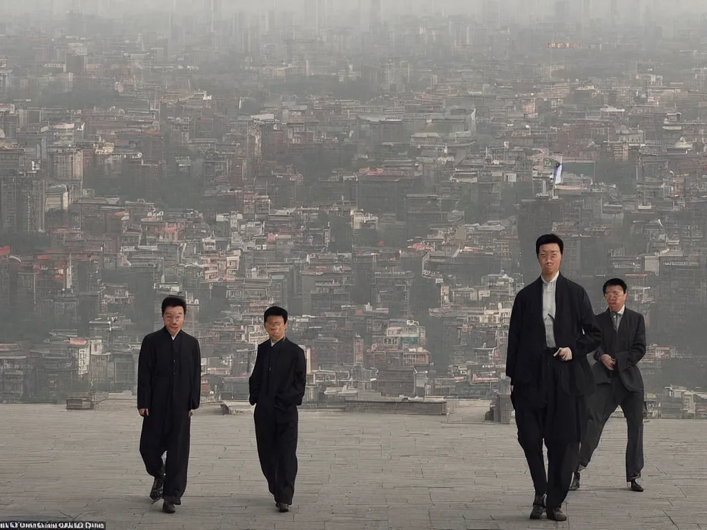 Prompt: ‘The Center of the World’ (Qing dynasty, The Sixteen Luohans) was filmed in Beijing in April 2013 depicting a white collar office worker. A man in his early thirties – the first single-child-generation in China. Representing a new image of an idealized urban successful booming China.