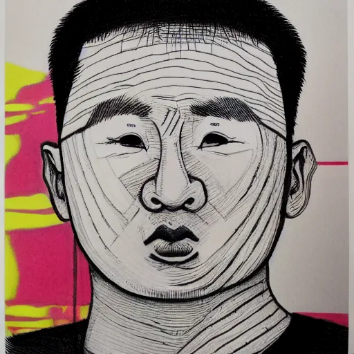 Image similar to ultra precise, asymmetric fineliner drawing of a chinese prisoner. three colour ink marker pen on rainbow spattered glossy paper. bold lines, gallery quality