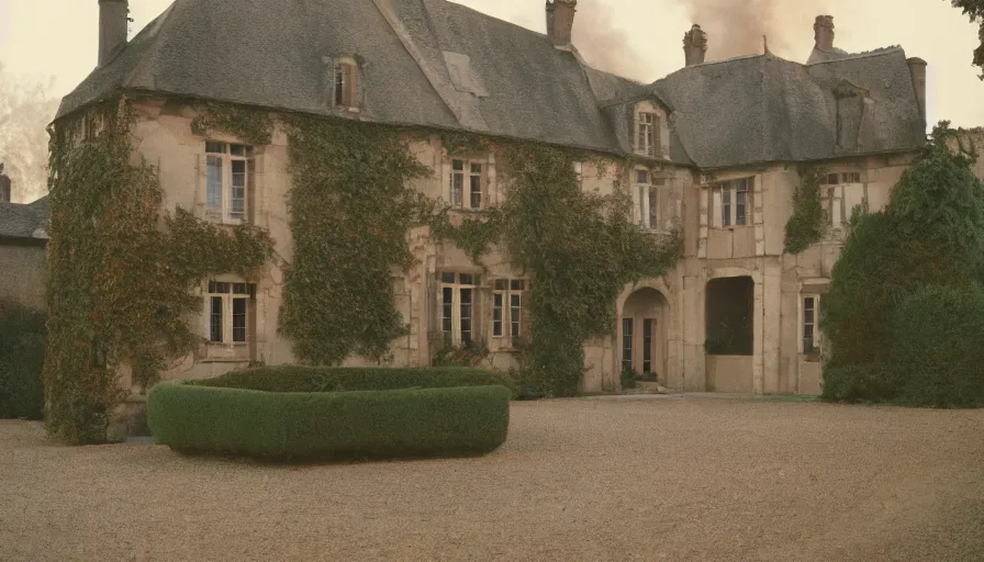 Image similar to 1 9 7 0 s movie still of a heavy burning french style manor in a small french village, cinestill 8 0 0 t 3 5 mm, heavy grain, high quality, high detail, dramatic light, anamorphic, flares