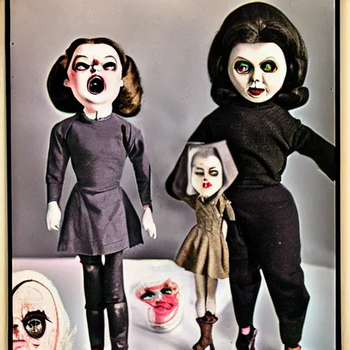 Image similar to 1 9 5 0 s, angry evil dolls coming to life and jump scaring, doll phobia, horror, polaroid,