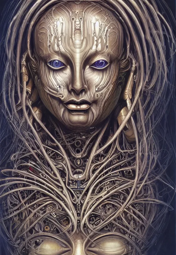 Image similar to perfectly centered portrait, front view of a beautiful biomechanical cyberpunk alien android robot buddha, female, flowing hair, intense stare, sarcastic smile, symmetrical, concept art, intricate detail, volumetric shadows and lighting, realistic oil painting by alex grey and h. r giger,