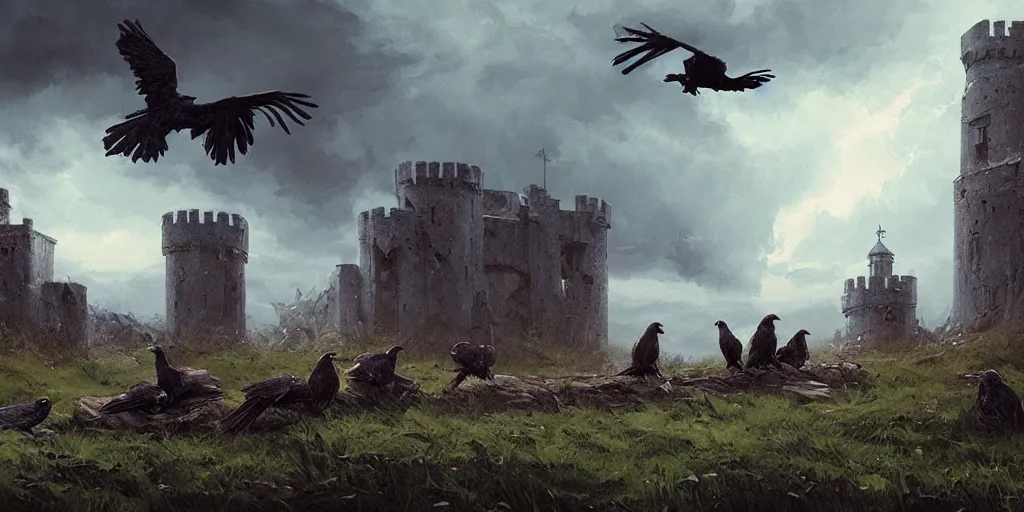 Prompt: A group of Ravens sit around a fallen solider, a medieval castle in the distance, dark fantasy, stormy sky, lightning, digital art by Greg Rutkowski and Studio Ghibli