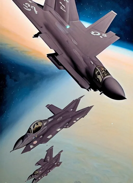 Image similar to poster artwork by michael whelan and tomer hanuka, a portrait, f 3 5 jets dogfighting in the clouds of jupiter, clean