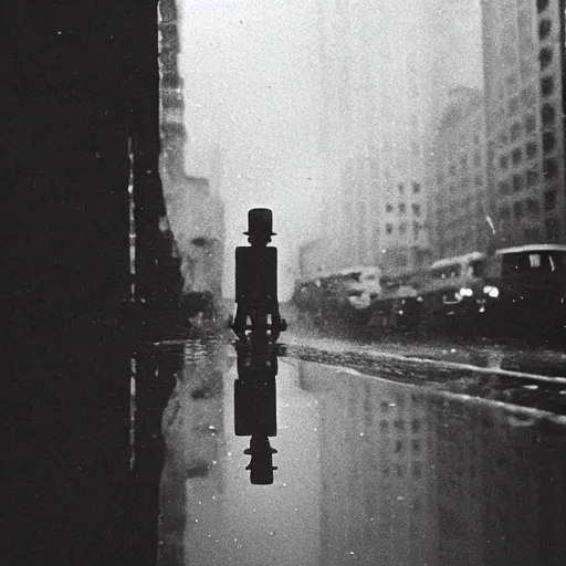 Prompt: grainy abstract experimental expired film photo of a sad retro robot, in 1920s New York City by Saul Leiter, 50mm lens, black and white, reflection, rain drops, cinestill 800t