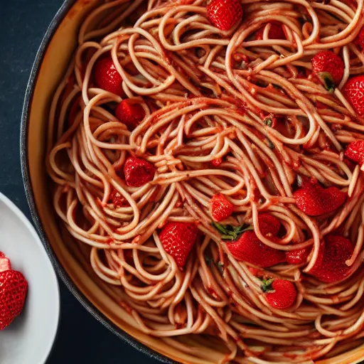 Prompt: spaghetti [ made with strawberry noodles ], trending on unsplash, [ 4 k photorealism ]!!, professional photography, [ overhead view ]!, shot by jimmy nelson