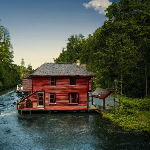 Image similar to a movie still of a river running past a cottage, by wes anderson, cinematic, uhd, 8k,