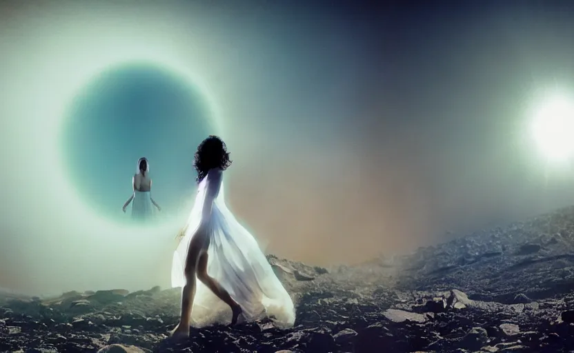 Prompt: levitating woman with fractal mirror dress with white flowers and golden mask inside a thick black smoke in rocky desert landscape, solar eclipse in the sky, burning earth by gaspar noe and christopher doyle, anamorphic lens, anamorphic lens flares, kodakchrome, cinematic composition, practical effects, award winning photo, 8 k