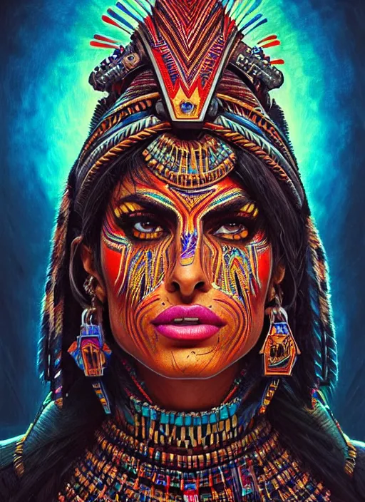 Image similar to portrait of eva mendes, hyper detailed ultra sharp aztec shaman warrior. trending on artstation, warpaint aesthetic, bloodwave, colorful, psychedelic, ornate, intricate, digital painting, concept art, smooth, sharp focus, illustration, art by artgerm and greg rutkowski and h. r. giger, 8 k