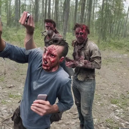 Prompt: a man taking a selfie in a zombie apocalypse