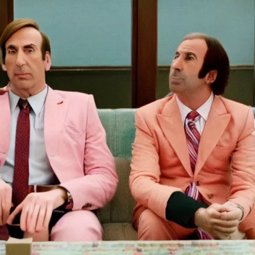 Image similar to Still frame from of Saul Goodman in a Wes Anderson movie, pastel colors