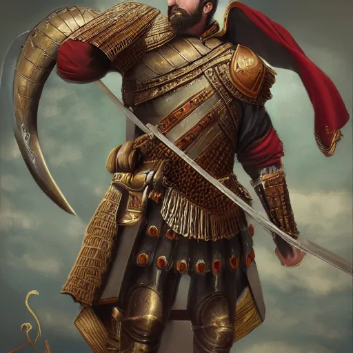 Image similar to a roman conquistador. trending on art station. 8 k. beautifully detailed. full frame render. fantasy