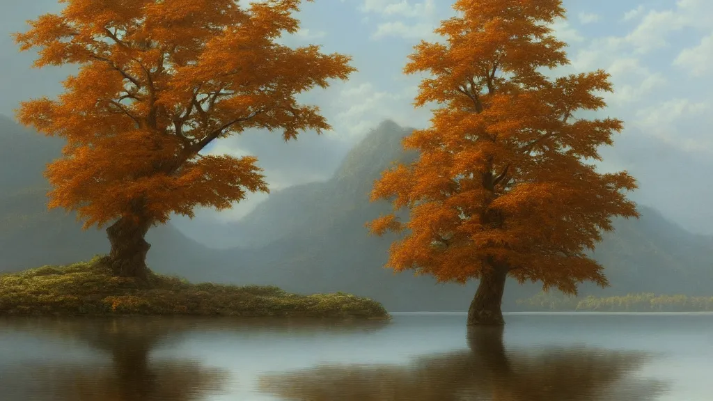 Prompt: a cinematic hyperrealism highly detailed photograph of maple tree beside the lake, by christophe vacher, trending on artstation, 4 k hd wallpaper premium prints available.