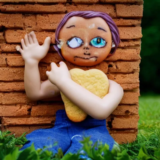 Image similar to plastic doll with giant realistic hands eating a cookie sitting on brick wall, garden background, sky, photo, hd