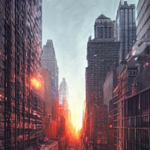 Image similar to manhattan at dusk, dim volumetric lighting, hype realistic, hdr, postprocessing, hyperdetailed, intricate, epic composition, cinematic lighting, masterpiece, trending on artstation, extraordinary artwork by nathan walsh