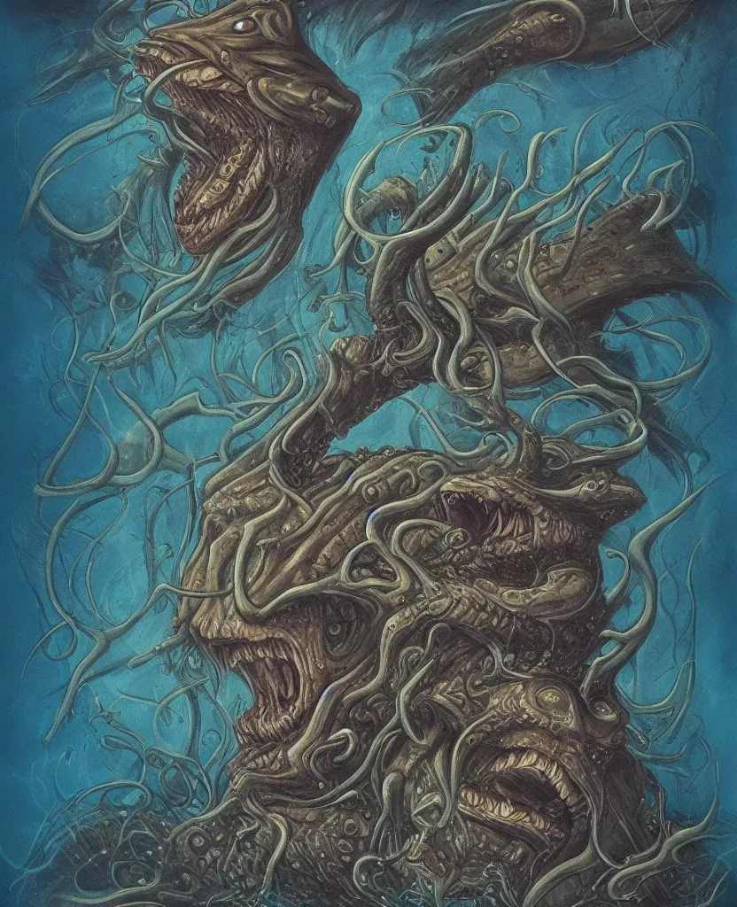 Image similar to mysterious bestiary of wild emotion monsters repressed in the deep sea of unconscious of the psyche, about to rip through and escape in a extraordinary revolution, painted by ronny khalil