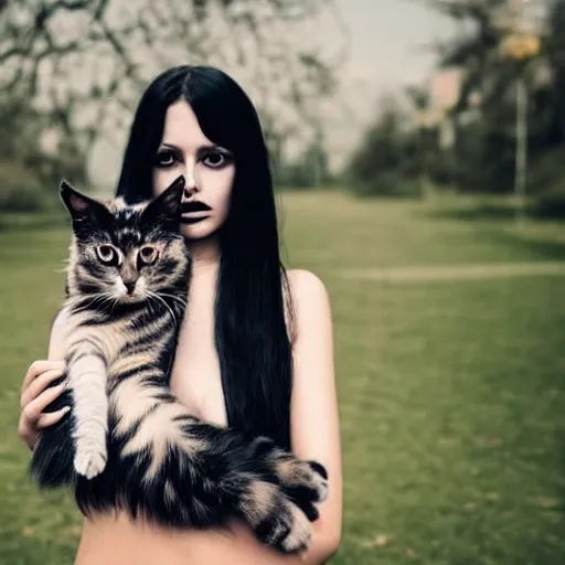 Image similar to a girl with long messy dark hair, messy goth make - up, shiny eyes, holding a cat in her arms, a stock photo by juan villafuerte, pexels contest winner, high quality photo, rtx, hd, rasquache