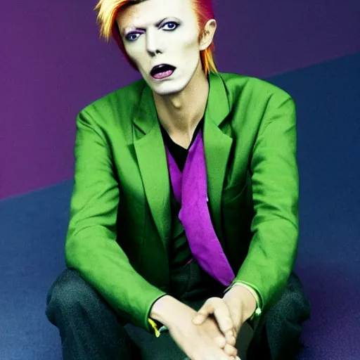 Image similar to a photo of blond david bowie in purple jacket and light-green shirt in style of Kira Yoshikage