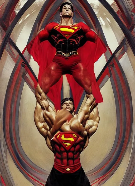 Image similar to symmetry! portrait of crossfit bodybuilder sprinter superman, red spike aura in motion, red and black costume, painted art by tsuyoshi nagano, greg rutkowski, artgerm, alphonse mucha, spike painting