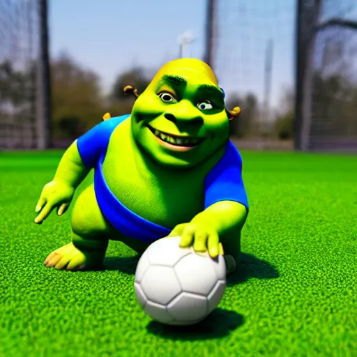 Prompt: shrek playing soccer, highly detailed, extremely high quality, hd, 4 k, 8 k, canon 3 0 0 mm, professional photographer, 4 0 mp, lifelike, top - rated, award winning, realistic, detailed lighting, detailed shadows, sharp, no blur, edited, corrected, trending