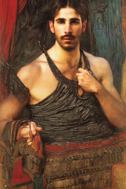 Prompt: attractive male, orientalist intricate portrait by john william waterhouse and edwin longsden long and theodore ralli and nasreddine dinet, hyper realism, dramatic lighting
