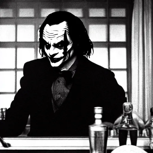 Image similar to jack torrance as the joker in the shining, sitting at the bar with whiskey, widescreen shot, anamorphic film, screenshot by stanley kubrick