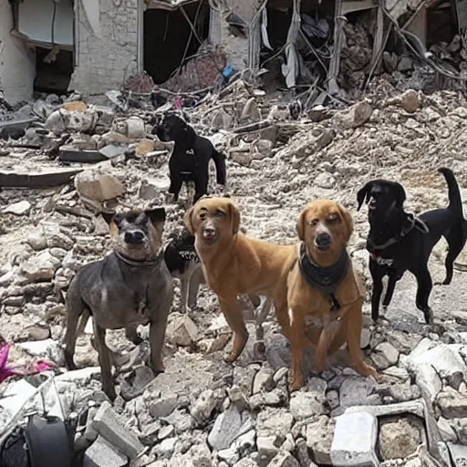 Image similar to seven eager dogs, standing in a rubble after a building collapsed, journalistic photograph.