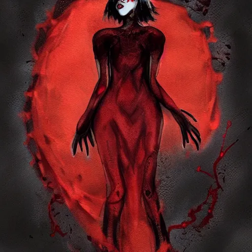 Prompt: the fall of a super sad and with extrem anger filled demon girl in hell with a dark red dress,!!! full dressed!!! oppressive and dark amotsphere with many shadows, blood and dark red highlights, concept fullbody horror art by aleksandra waliszewska and aoi ogata