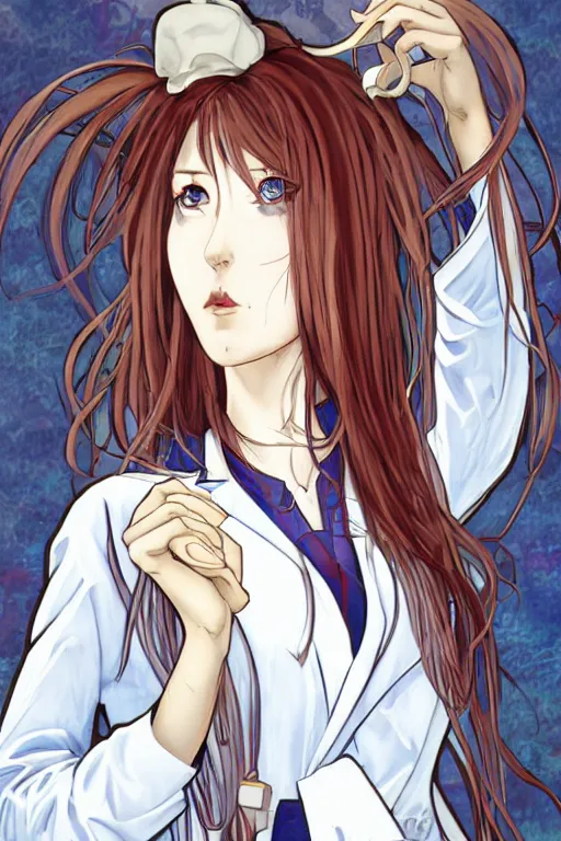 Image similar to Kurisu Makise in long lab coat tonemapped in the style of Ayami Kojima and Alphonse Mucha